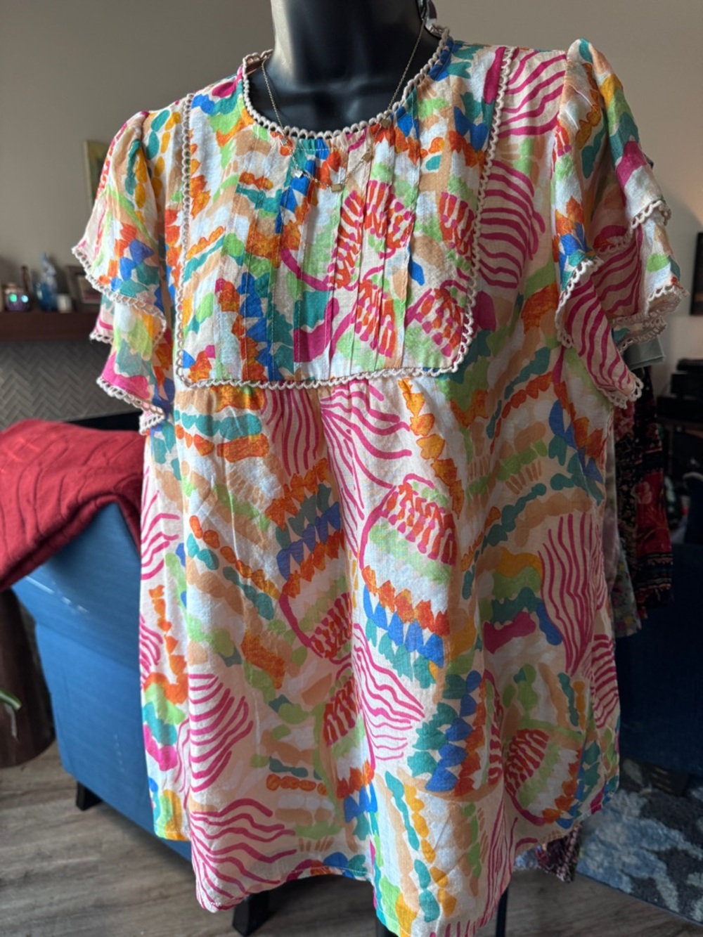 Umgee Short Ruffle Sleeve Multicolor Print Blouse -Size Large